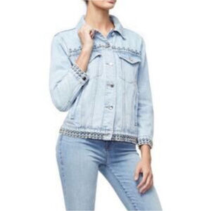 Good American Oversized Boxy Studded Denim Distressed Blue Jean Jacket Sz S